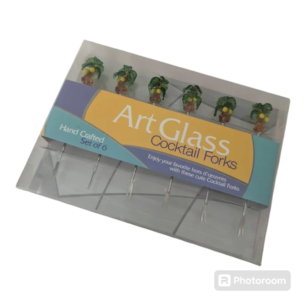 LSArts Set Of 6 Handcrafted Palm Tree Art Glass Cocktail Forks